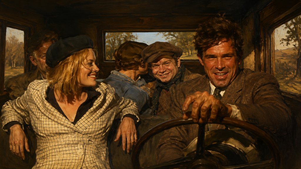 映画『俺たちに明日はない』のバロウ・ギャングが車で逃走生活を送る様子をイメージした場面