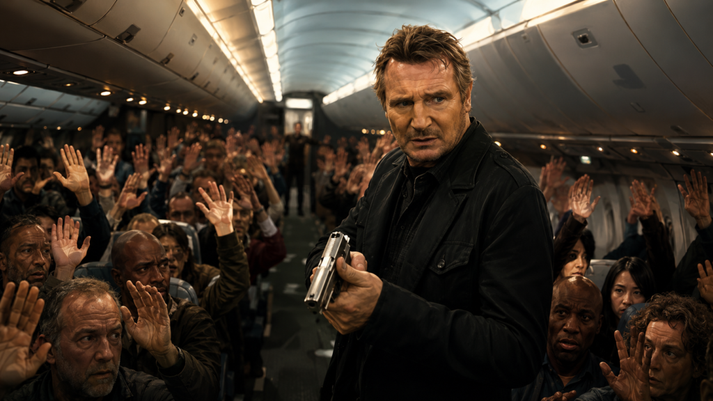 映画『フライト・ゲーム』をイメージした旅客機内で拳銃を構える航空保安官と両手を上げる乗客たち