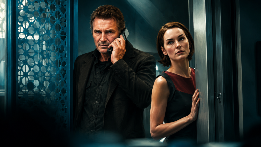 映画『フライト・ゲーム』をイメージした機内で電話を使って捜査する男性と周囲を警戒する女性