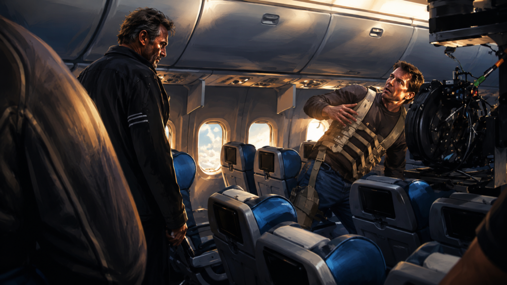映画『フライト・ゲーム』をイメージした旅客機内で向かい合う男性たちの緊迫した対決シーン