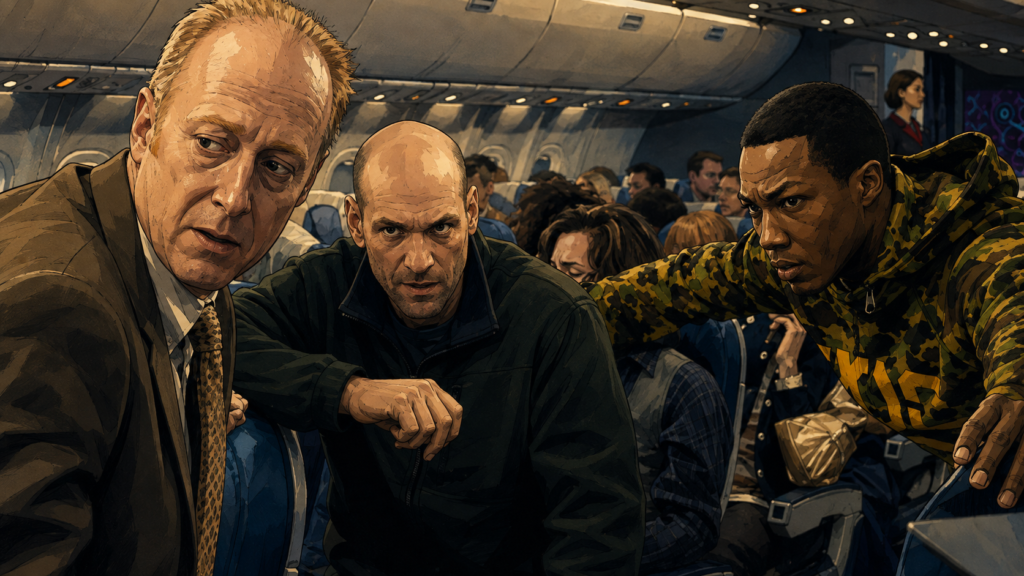 映画『フライト・ゲーム』をイメージした旅客機内で互いを警戒する複数の乗客と犯人捜しの場面