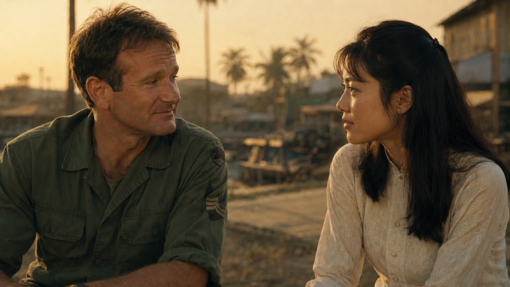 『グッドモーニング、ベトナム』でクロンナウアとトリンをイメージした二人が向き合う映画上の恋愛場面