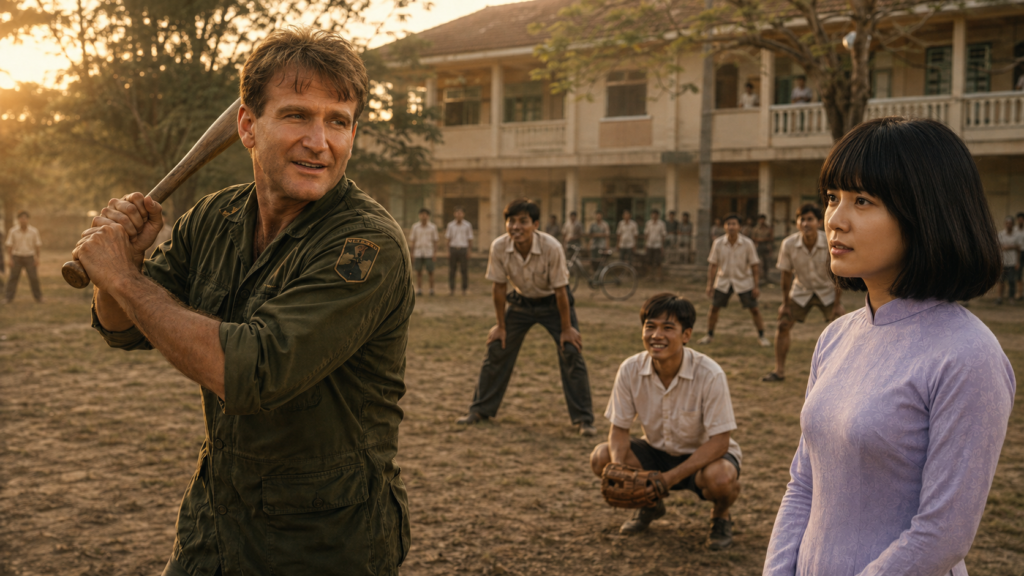 映画『グッドモーニング、ベトナム』で帰国前のクロンナウアが生徒たちと野球をしトリンとの別れを迎える場面