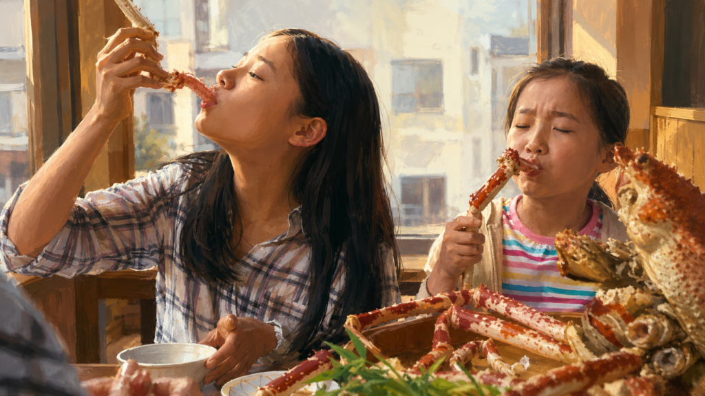 映画『湯を沸かすほどの熱い愛』で安澄と鮎子が静岡旅行で高足ガニを食べる場面のイメージ