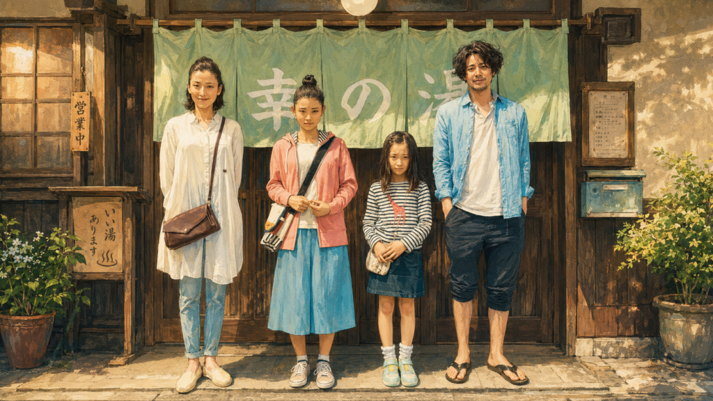 映画『湯を沸かすほどの熱い愛』で幸の湯の前に並ぶ双葉・一浩・安澄・鮎子をイメージした家族
