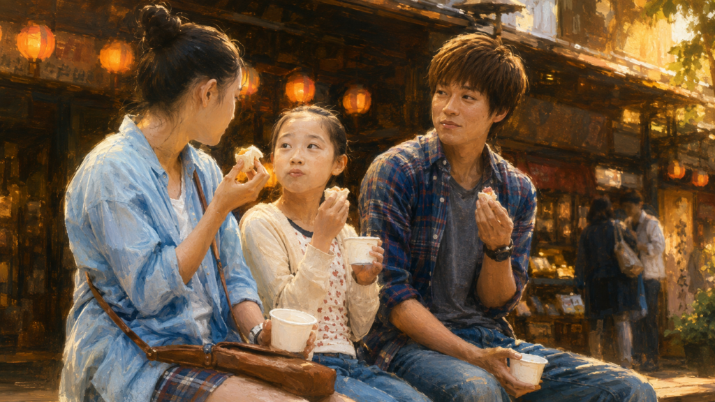 映画『湯を沸かすほどの熱い愛』で双葉たちと向井拓海が旅先で交流する場面のイメージ