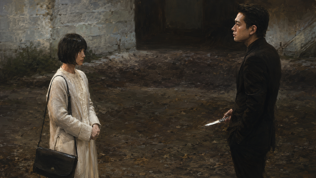 映画『法廷遊戯』をイメージした、美鈴風の女性とナイフを持つ男性が緊張した様子で向かい合うイラスト