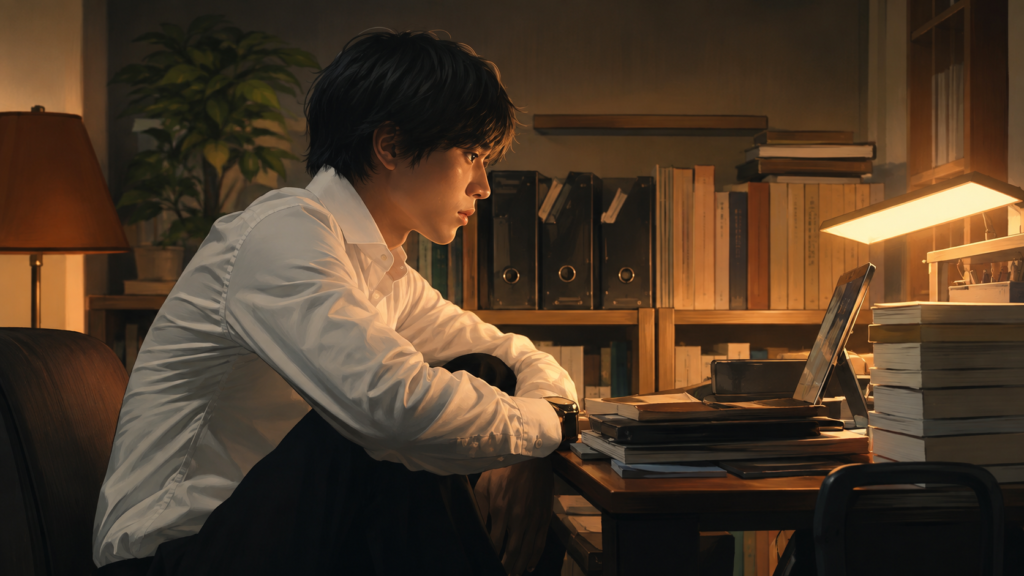 映画『法廷遊戯』の清義をイメージした、書斎で資料とタブレットを確認しながら事件を調べる若い男性のイラスト