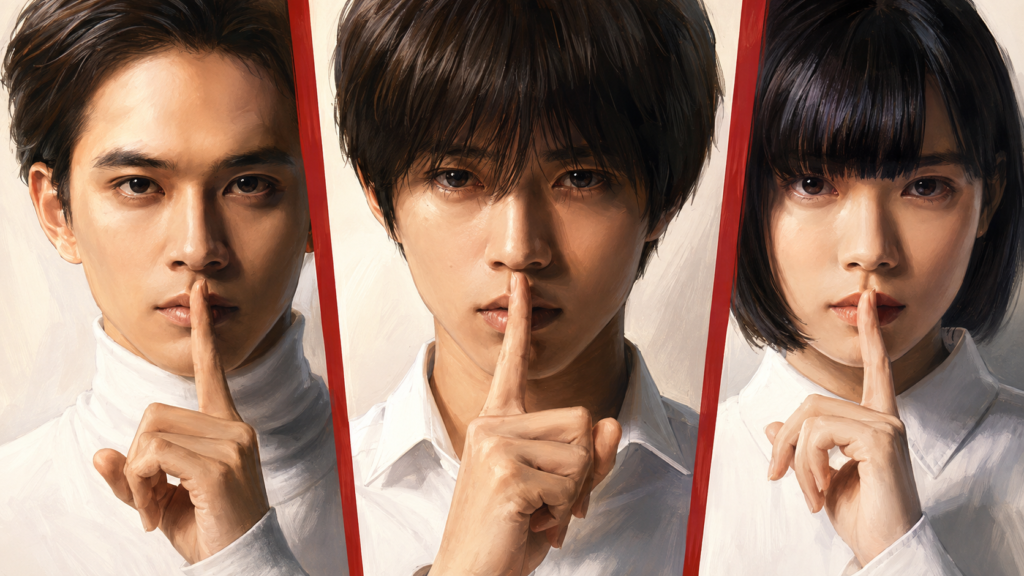 映画『法廷遊戯』の清義・美鈴・馨をイメージした3人が秘密を示す法廷ミステリー風イラスト