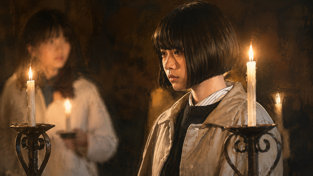 映画『法廷遊戯』をイメージした暗い室内でろうそくに囲まれる女性のミステリアスなイラスト