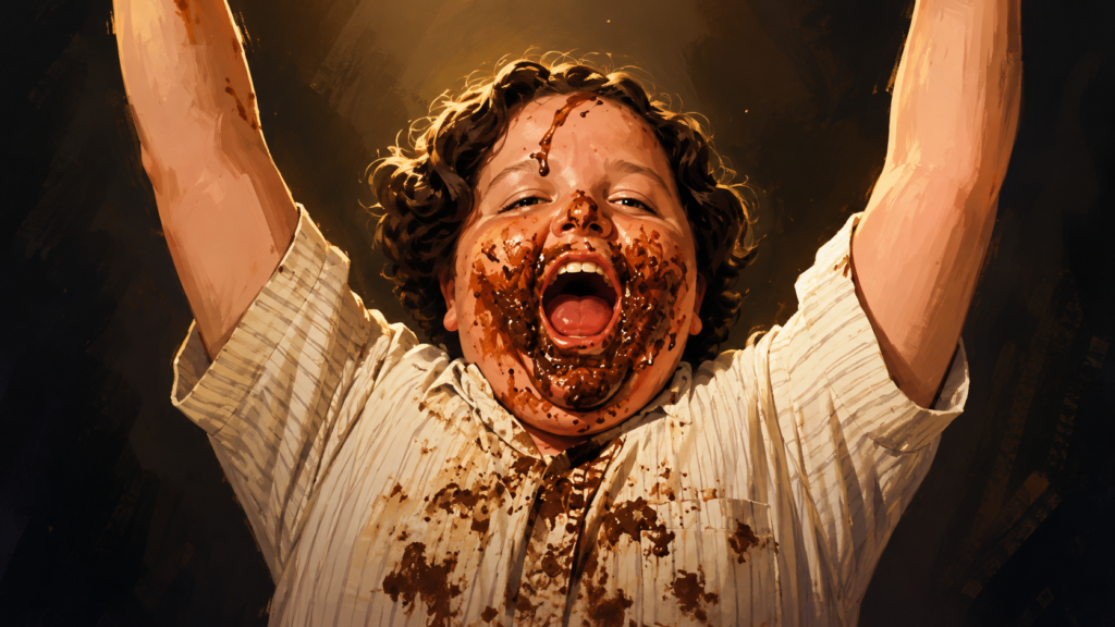 映画『マチルダ』で巨大なチョコレートケーキを食べ切り、顔をチョコまみれにして喜ぶ少年ブルース