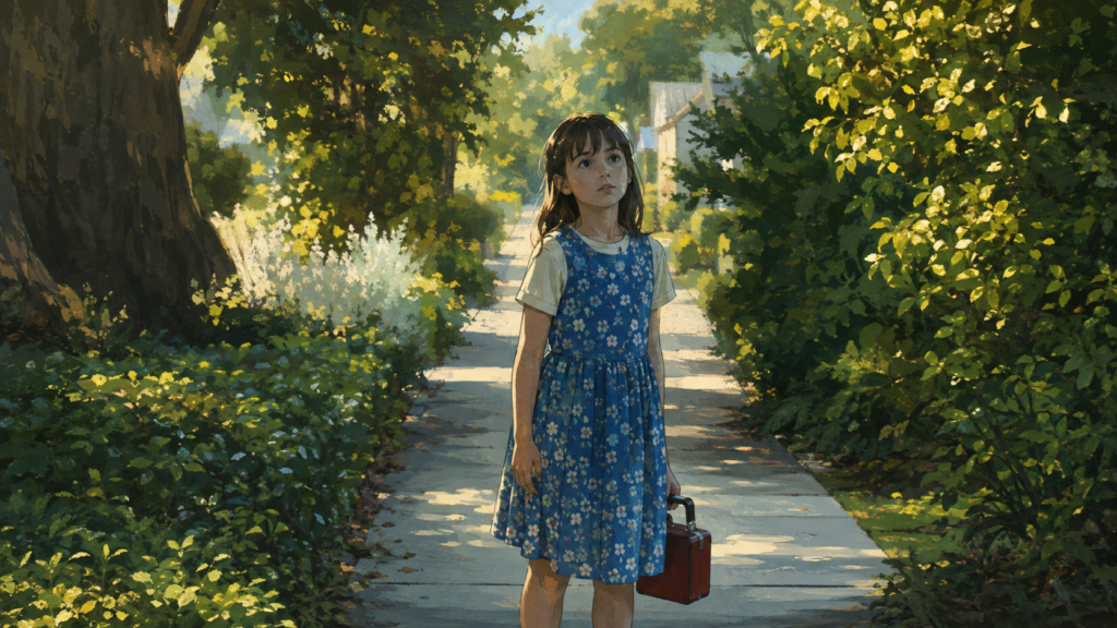 映画『マチルダ』をイメージした少女が小さなかばんを持ち、緑豊かな住宅街の道に一人で立つ場面