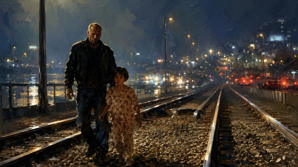 映画『マーキュリー・ライジング』をイメージした、アートが少年サイモンを守りながら夜の線路沿いを歩く場面