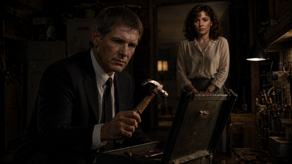 映画『推定無罪』でラスティが血痕の付いたハンマーを発見し妻バーバラの真相に気付く場面
