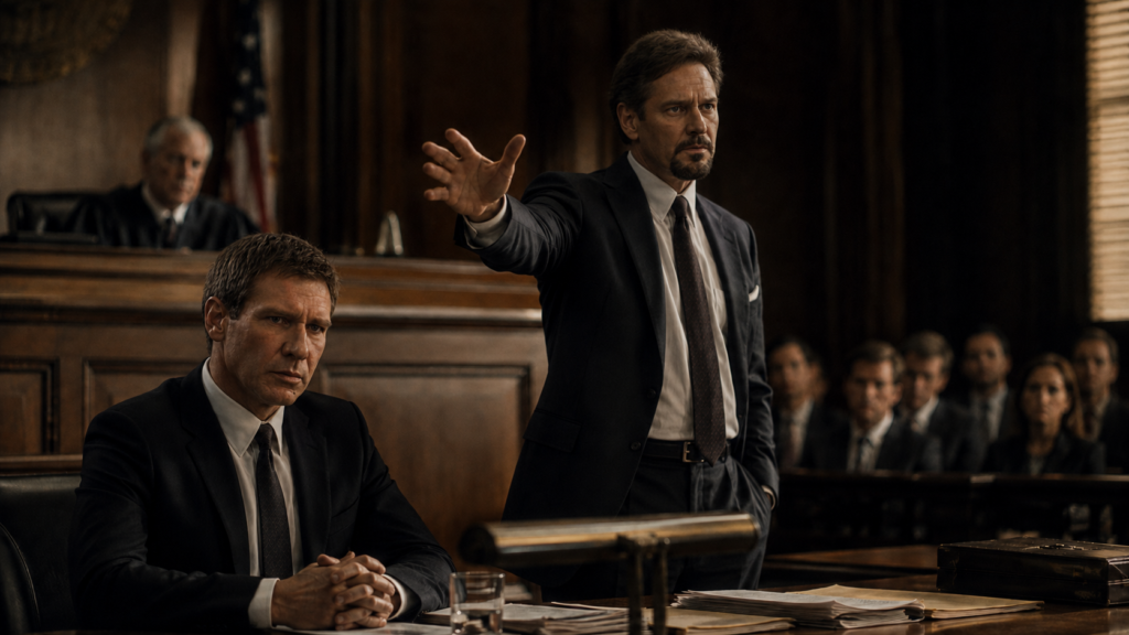 映画『推定無罪』でラスティの裁判に臨む弁護士サンディ・スターンをイメージした法廷場面
