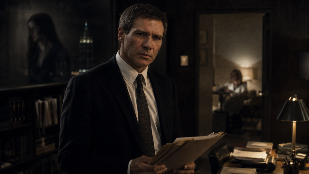 映画『推定無罪』で事件資料を見つめるラスティ・サビッチをイメージした検察官