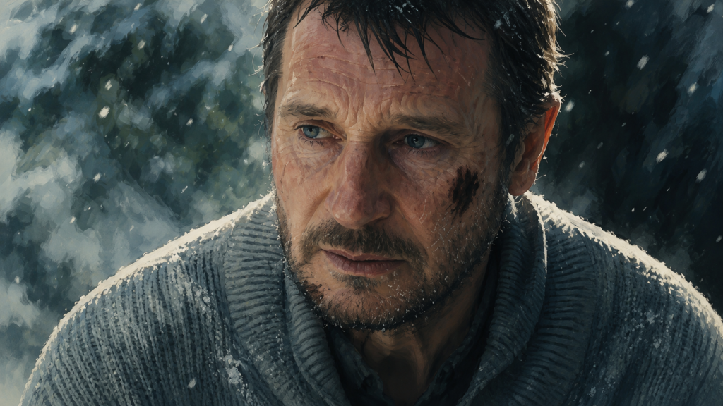 『THE GREY 凍える太陽』で極寒の雪山を生き抜こうとするオットウェイをイメージした場面