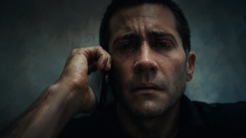 映画『ギルティ』で電話越しの事件対応に追い詰められる男性警察官のクローズアップ