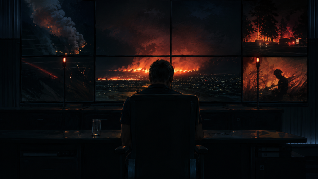 映画『ギルティ』でロサンゼルスの山火事を背景に緊急通報指令室で勤務する