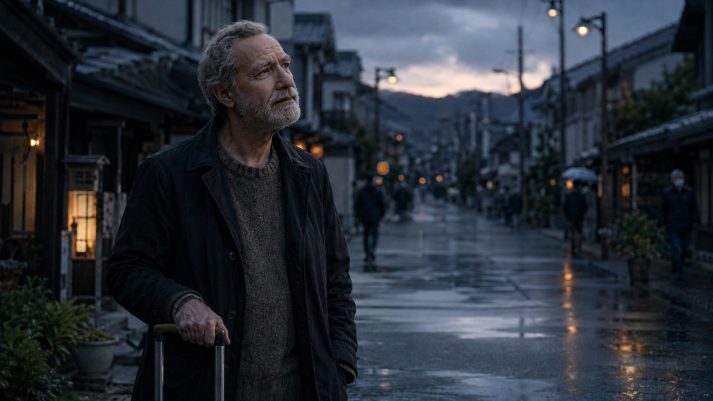 映画『TOUCH/タッチ』で50年前に消えたミコを探し日本を旅する老年期のクリストファーを描いたイメージ
