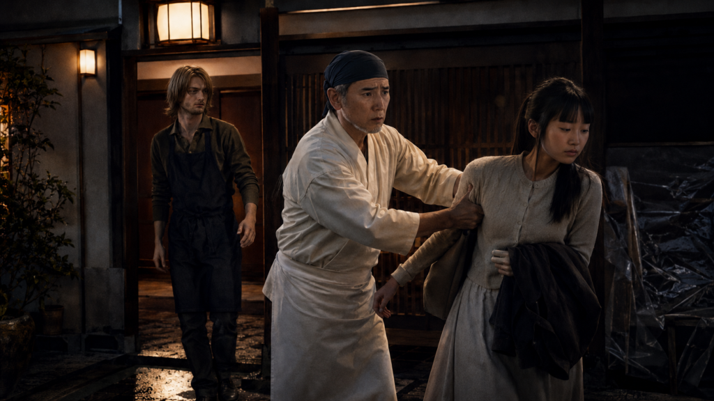 映画『TOUCH/タッチ』で父・高橋によって引き離されるミコと、残されたクリストファーを描いたイメージ