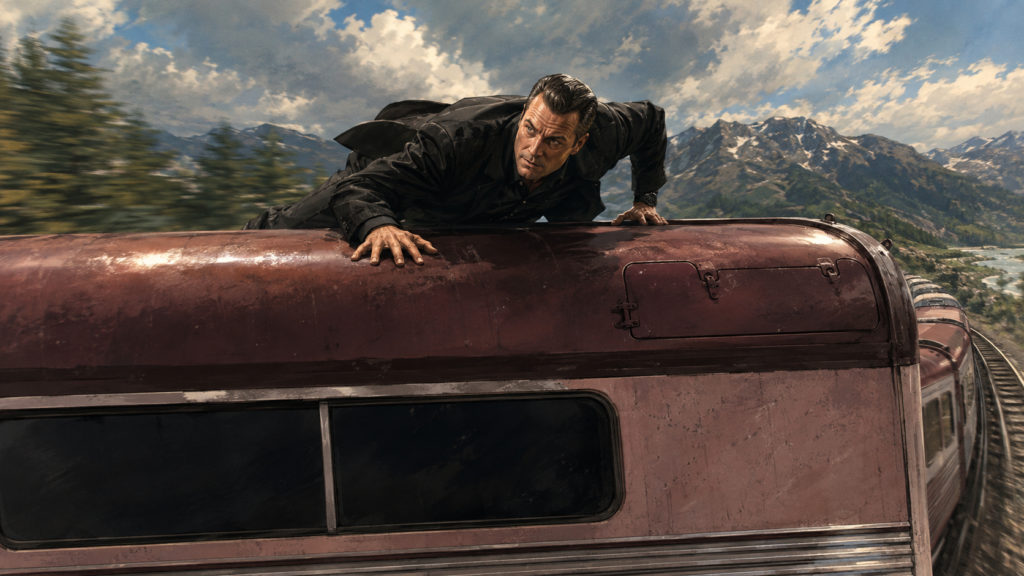 イメージ:映画『暴走特急』でロッキー山脈を走る列車の屋根にしがみつくライバック
