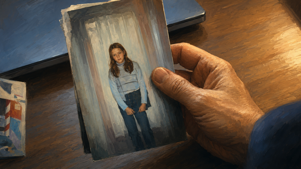 『ウィスパーマン』のラストで青いセーターの少女の正体につながる幼いレベッカの写真