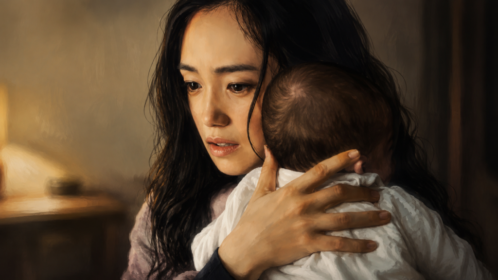 映画『八日目の蟬』で赤ちゃんを抱きしめる希和子をイメージした母性と葛藤を描くイラスト