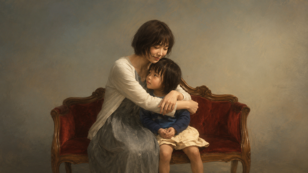 映画『八日目の蟬』の希和子と幼い薫の母娘関係をイメージした抱き合う女性と少女のイラスト