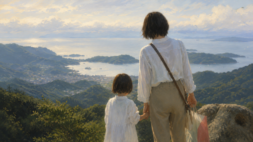 映画『八日目の蟬』の小豆島で手をつなぎ海を眺める希和子と幼い薫をイメージしたイラスト