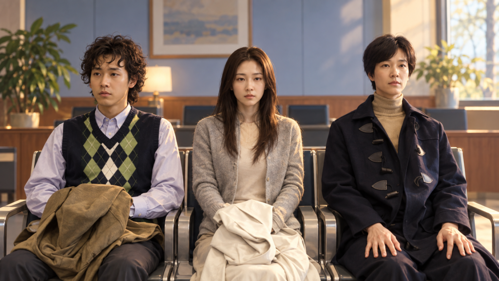 イメージ：映画『アフタースクール』で待合室で静かな緊張感を漂わせる神野、美紀、木村