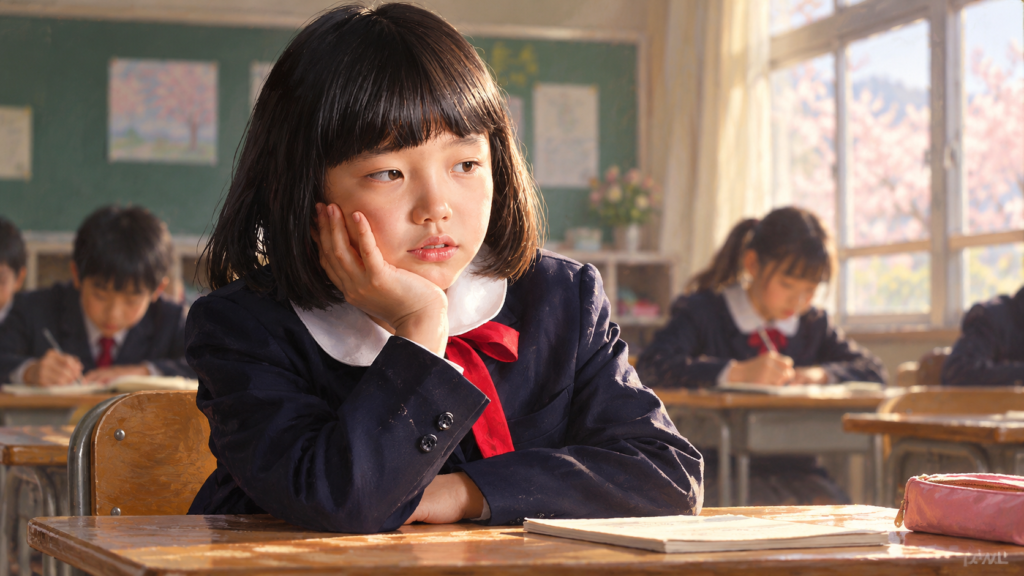 イメージ:映画『哀愁しんでれら』の教室の机で頬杖をつき物思いにふけるヒカリ