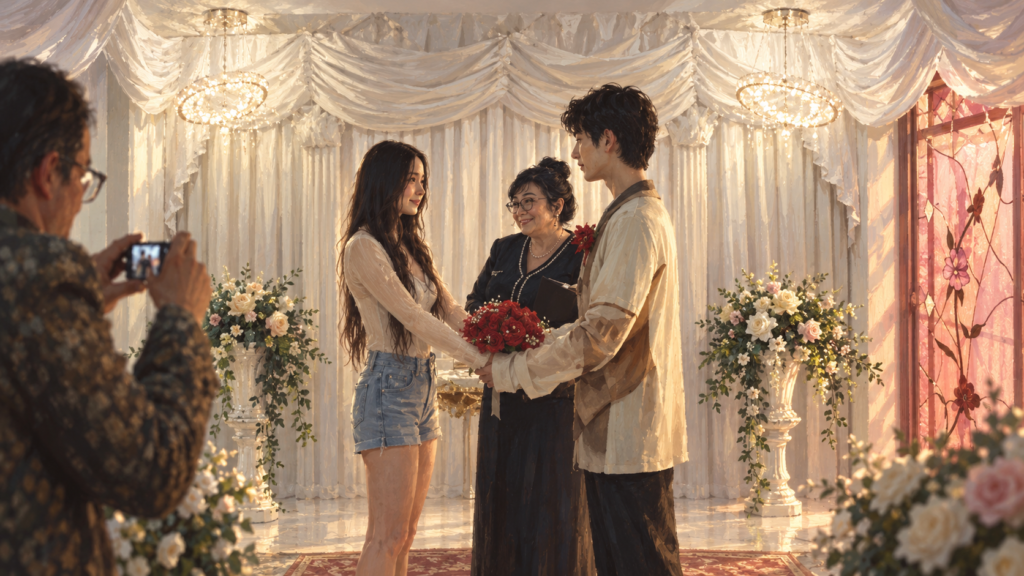 イメージ：映画『ANORA アノーラ』で華やかな式場で手を取り合うアニとイヴァンの結婚