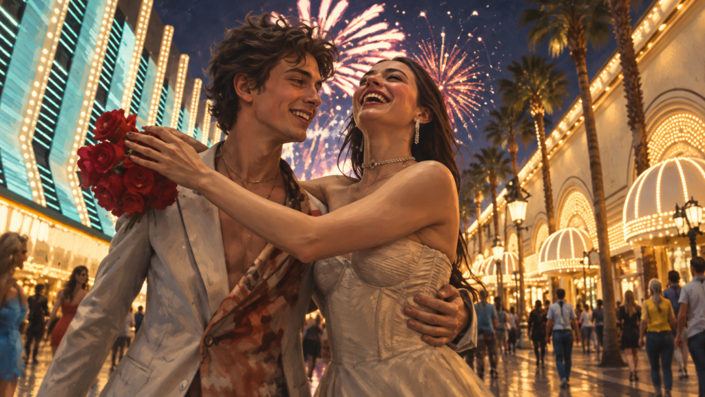 イメージ:映画『ANORA アノーラ』でラスベガスの華やかな街並みと花火を背景に、結婚を喜ぶアニとイヴァン
