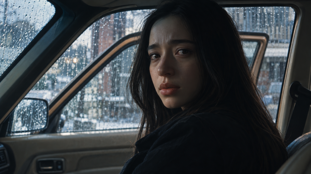 イメージ：映画『ANORA アノーラ』のラストで車内で涙を浮かべるアニ