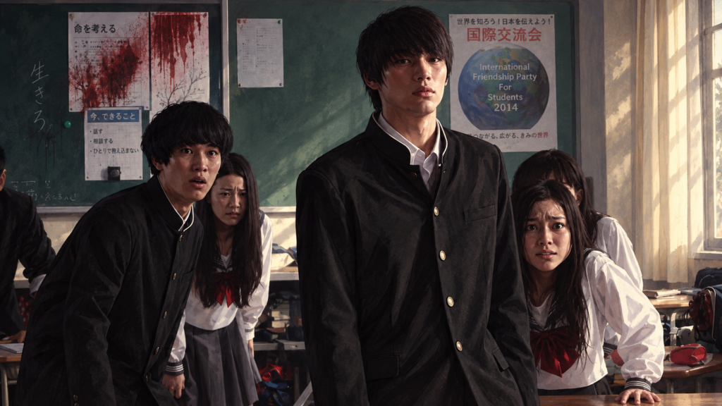 イメージ：映画『神さまの言うとおり』で突然のデスゲームに巻き込まれ緊張する高校生たち