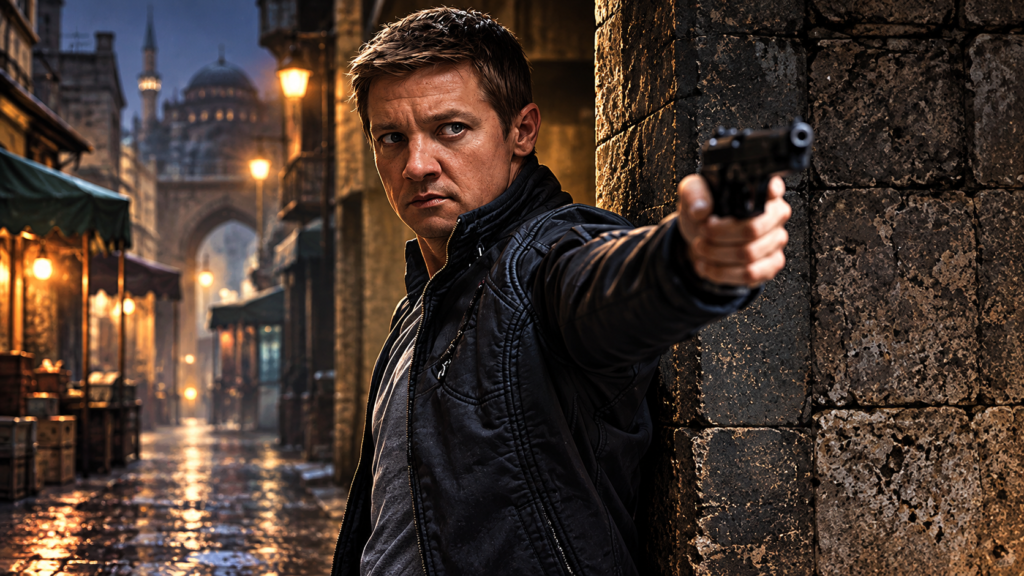 イメージ:映画『ボーン・レガシー』で、街中で拳銃を構えて警戒するアーロン