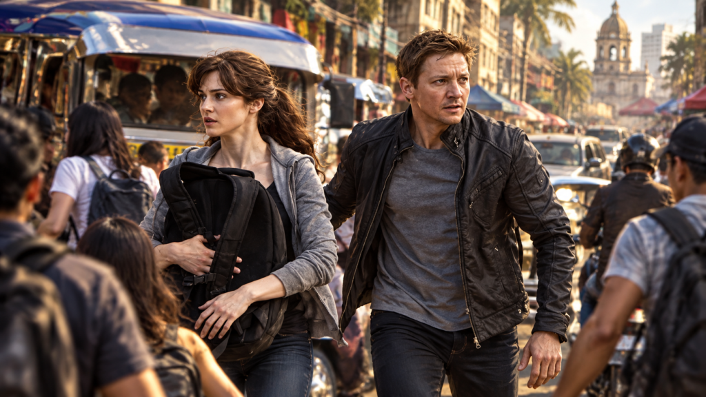 イメージ:映画『ボーン・レガシー』で、アーロンとマルタが人混みの中を警戒しながら逃走するマニラの場面