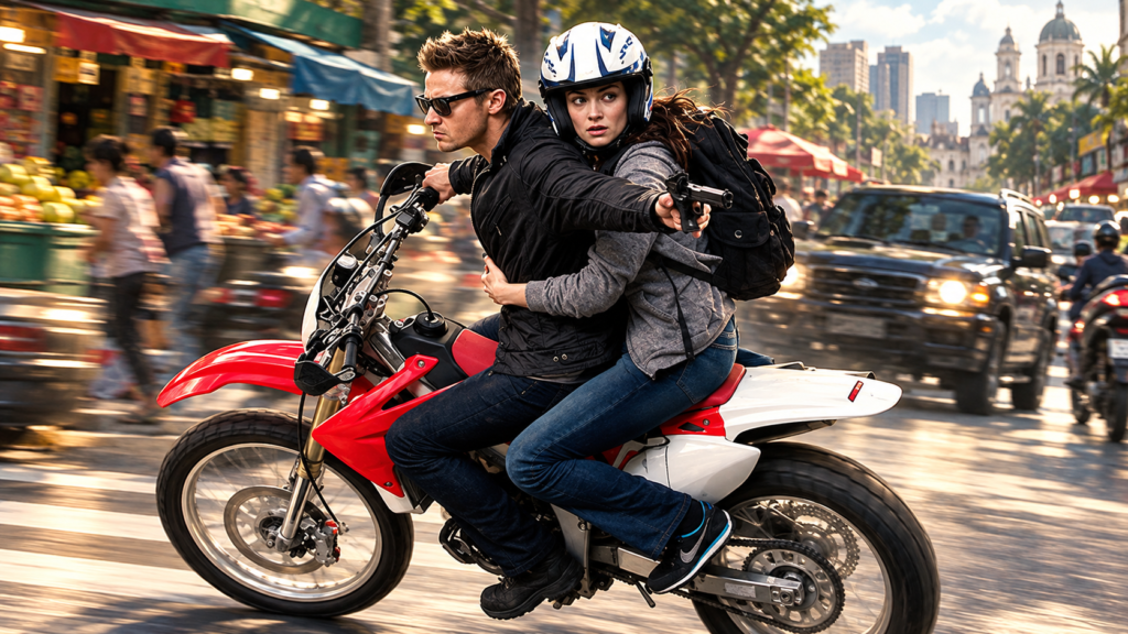 イメージ:映画『ボーン・レガシー』で、アーロンとマルタがバイクでマニラの市街地を逃走するアクションシーン