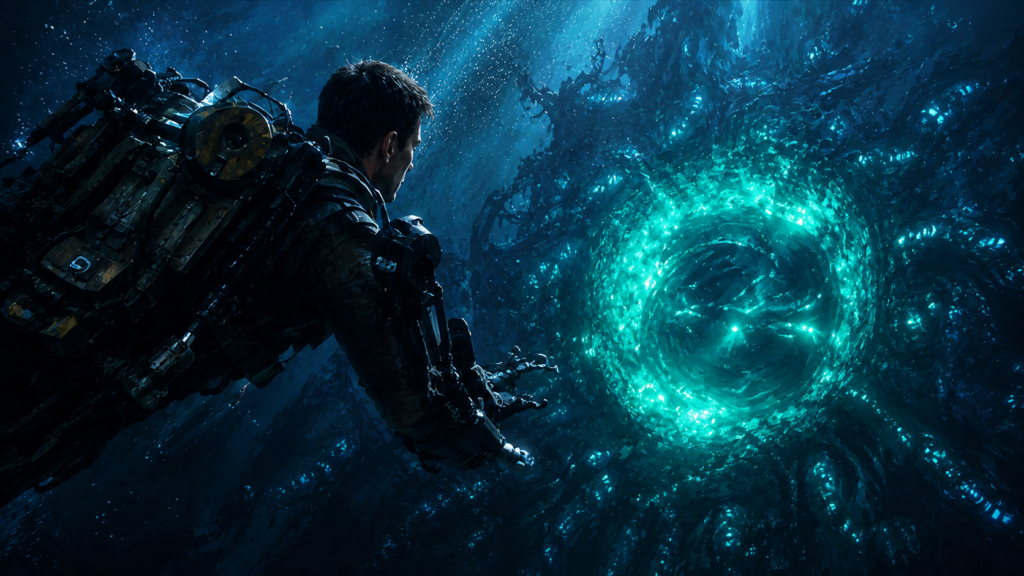 イメージ:『オール・ユー・ニード・イズ・キル』のラストで、水中のオメガへ迫るパワードスーツ姿のケイジ