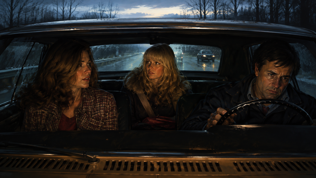 イメージ:映画『カリフォルニア・ドールズ』のロードムービー要素を感じさせる、雨の車内で移動する3人の緊張感ある場面