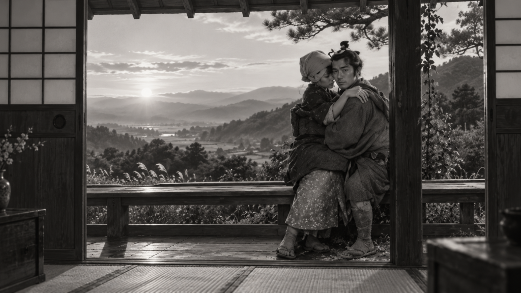 イメージ：映画『近松物語』で、追っ手から逃れながら山道を進むおさんと茂兵衛