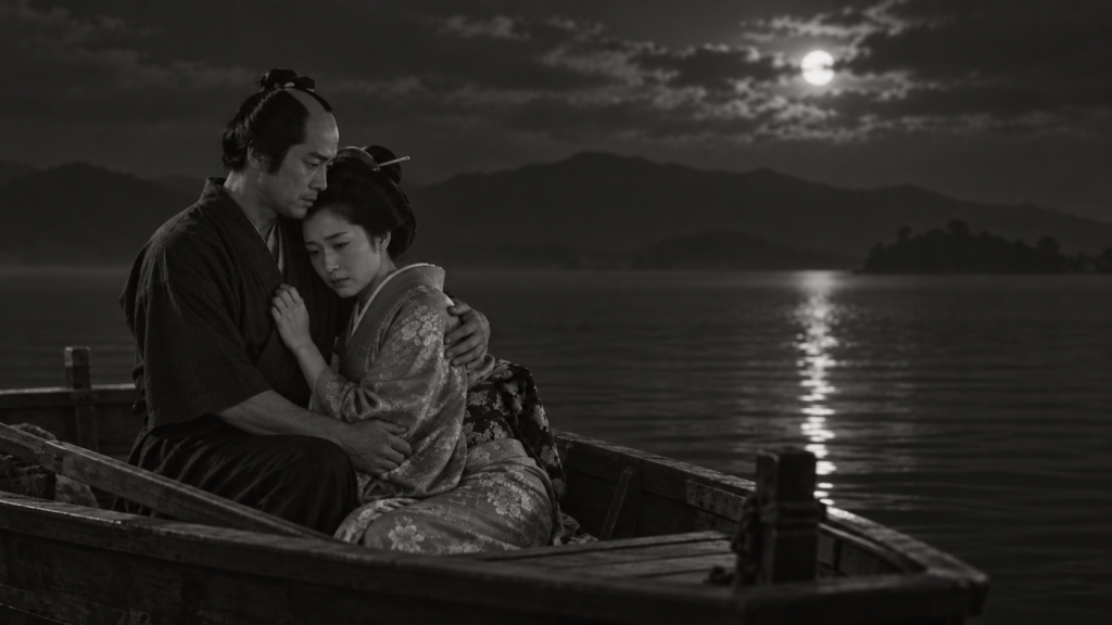 イメージ：映画『近松物語』で、月夜の琵琶湖の舟上で寄り添うおさんと茂兵衛