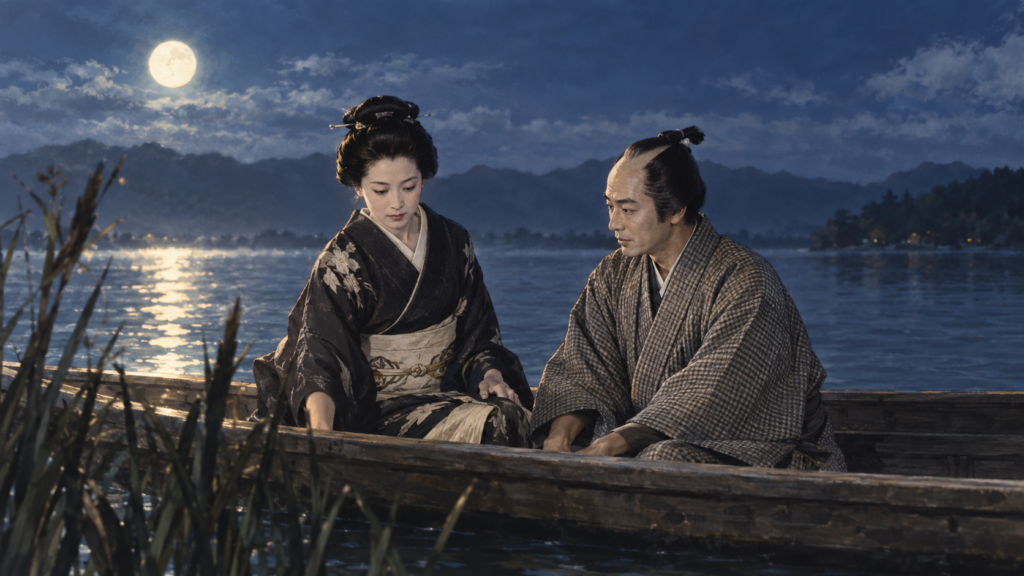 イメージ：映画『近松物語』で、月夜の琵琶湖の舟で思いを告白するおさんと茂兵衛