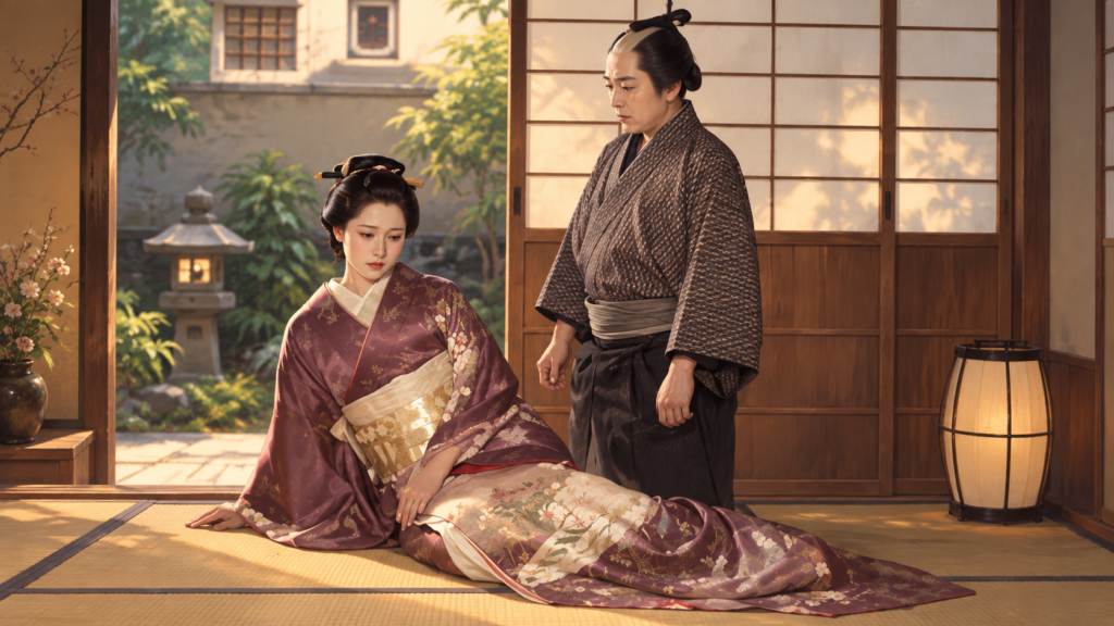 イメージ：映画『近松物語』で和室で座るおさんとそばに立つ茂兵衛