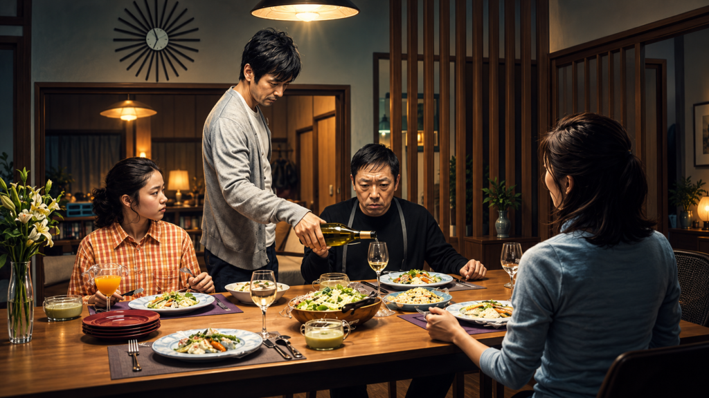 イメージ：映画『クリーピー 偽りの隣人』で不穏な空気が漂う家庭の食卓と西野の心理的支配を表現した場面