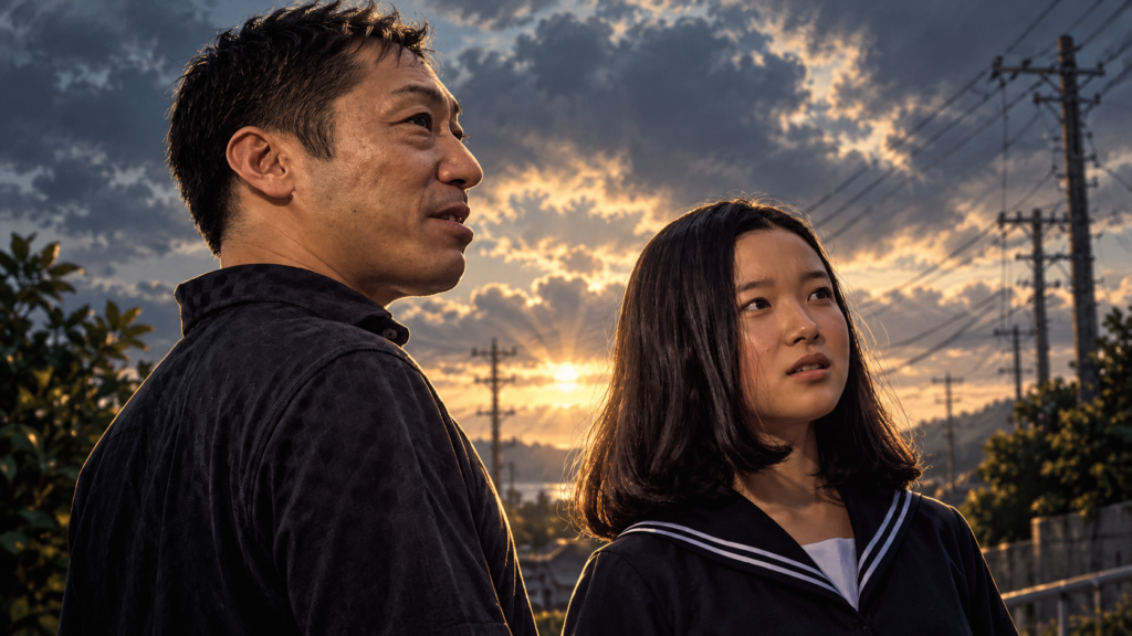 イメージ：映画『クリーピー 偽りの隣人』で、西野と澪が夕暮れの住宅街を見つめる場面