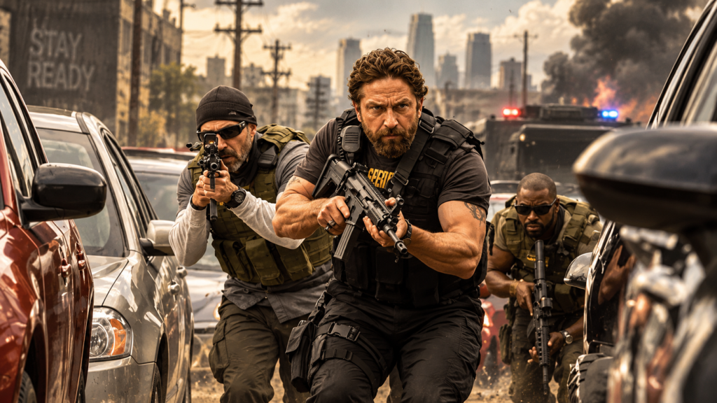 イメージ：映画『ザ・アウトロー』で武装したニックたちが市街地を進む銃撃戦