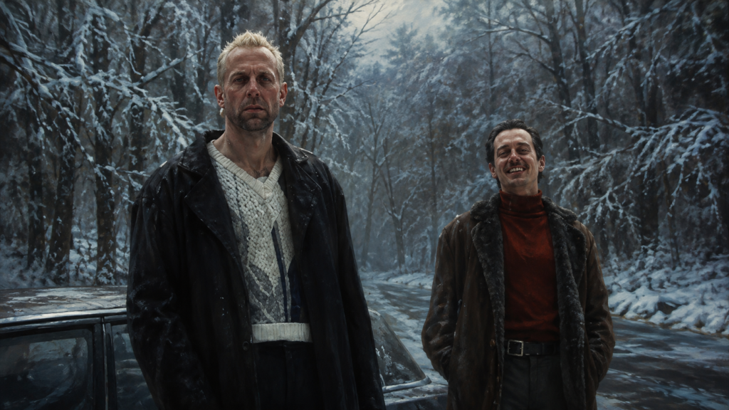 イメージ：映画『ファーゴ』のカールとゲアが夜の雪道に立つ犯罪場面