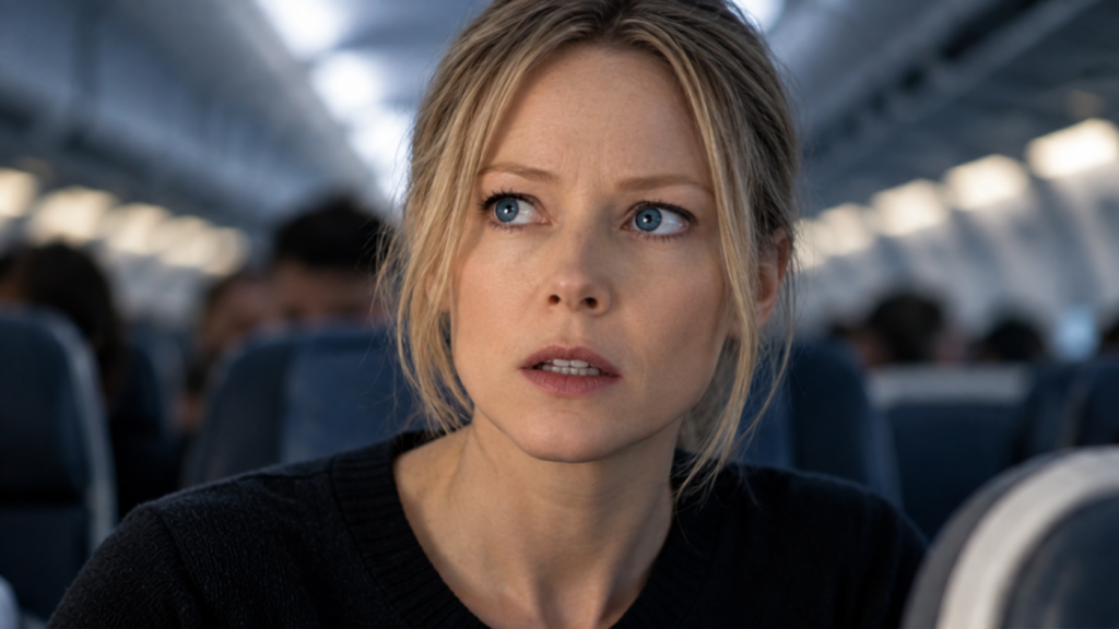 イメージ：映画『フライトプラン』の主人公カイルが旅客機内で周囲を警戒する場面